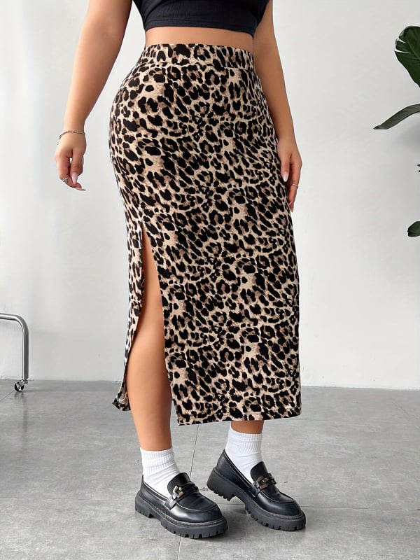Duga suknja od poliestera s leopardim uzorkom, visokim strukom, šlicem, A-linije