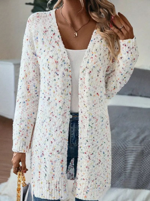 Cardigan tricotat femei, mâneci lungi, decolteu ouvert, model cu buline, poliester