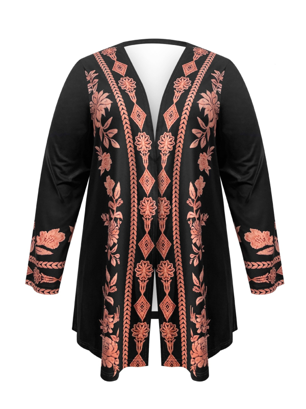 Cardigan damă cu imprimeu geometric, mâneci lungi, lungime medie, fără guler, amestec poliester-spandex, toamna 2024