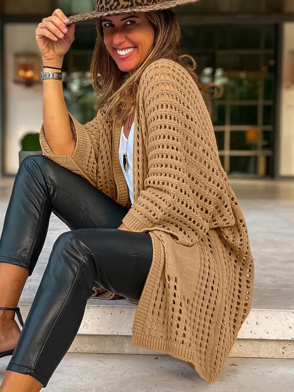 Cardigan tricotat pentru femei, croială lejeră, mâneci tip bat, guler-sal, poliester 95%+