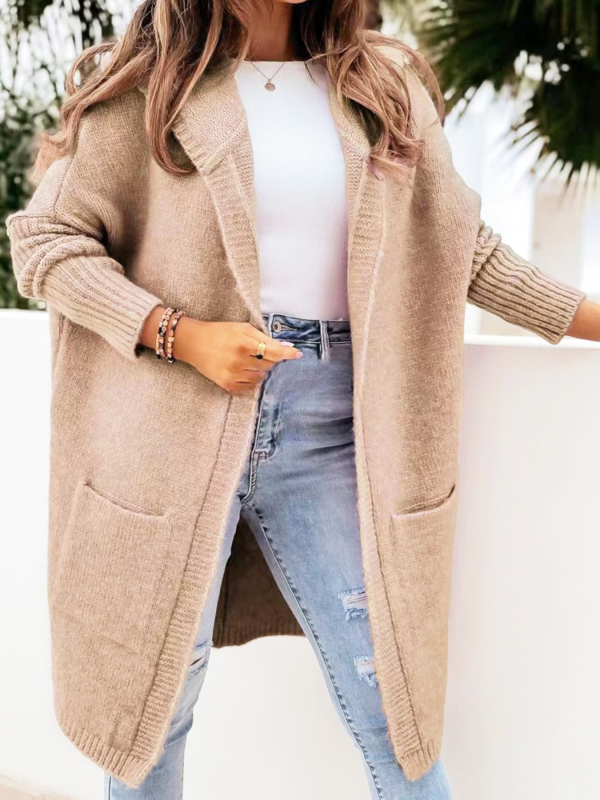 Cardigan tricotat cu glugă pentru femei, poliester, croială lejeră, lungime 80–100 cm, stil elegant, iarnă 2024