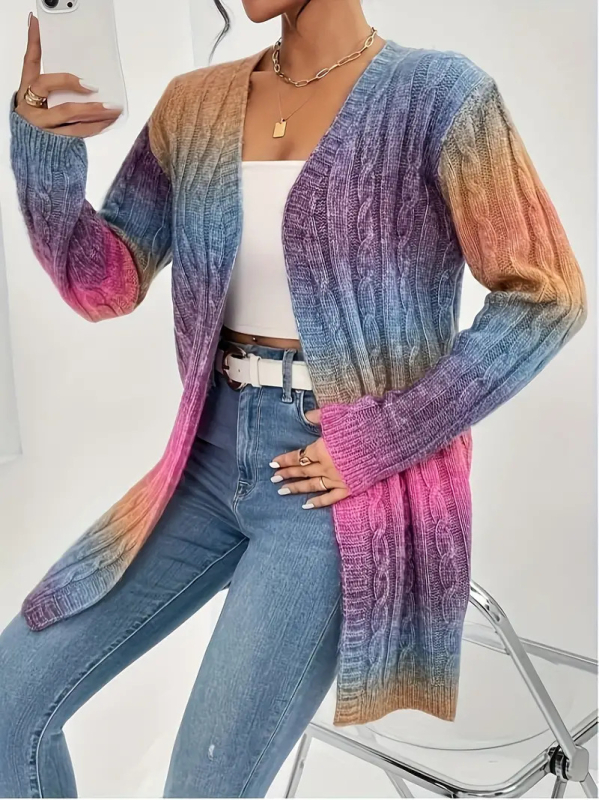 Cardigan pentru femei cu gradient, croială lejeră, guler deschis, lungime medie, poliester 95%+