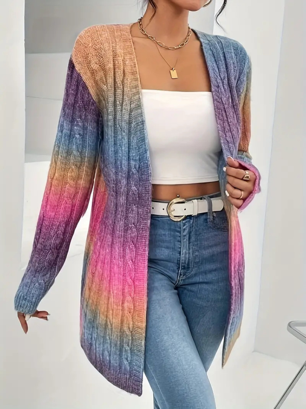 Cardigan pentru femei cu gradient, croială lejeră, guler deschis, lungime medie, poliester 95%+