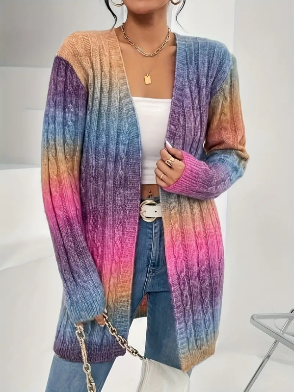 Cardigan pentru femei cu gradient, croială lejeră, guler deschis, lungime medie, poliester 95%+