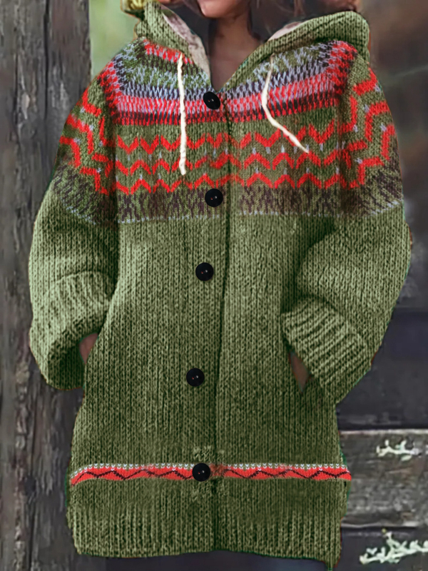 Ζακέτα γυναικεία με γεωμετρικό μοτίβο, πολυεστερικό πλεκτό, μακριά μανίκια, μεσαίο μήκος, ανοιχτή λαιμόκοψη