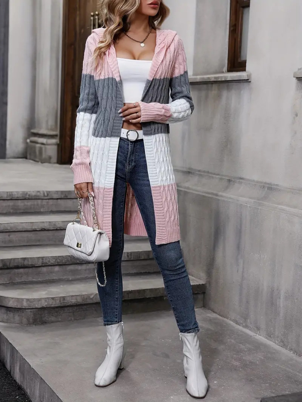 Cardigan tricotat cu glugă pentru femei – poliester tricotat, croială lejeră, mâneci lungi, lungime 80–100 cm