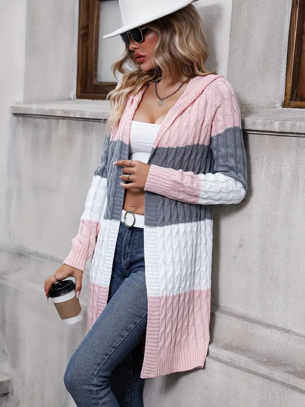 Cardigan tricotat cu glugă pentru femei – poliester tricotat, croială lejeră, mâneci lungi, lungime 80–100 cm