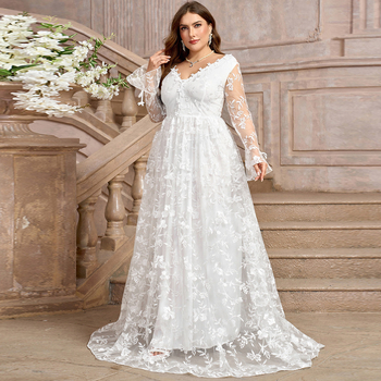 Svadbena haljina s V izrezom, s dugim rukavima, bez leđa, s dugom suknjom, poliester