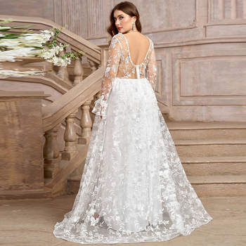 Svadbena haljina s V izrezom, s dugim rukavima, bez leđa, s dugom suknjom, poliester