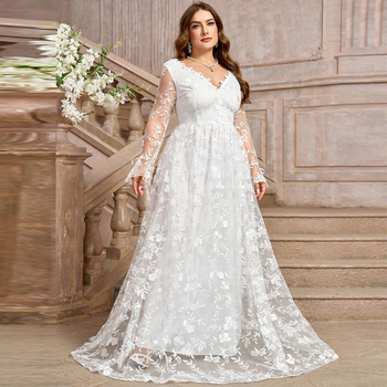 Svadbena haljina s V izrezom, s dugim rukavima, bez leđa, s dugom suknjom, poliester