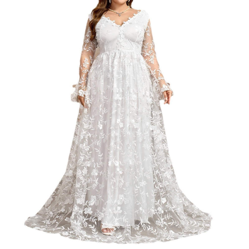 Svadbena haljina s V izrezom, s dugim rukavima, bez leđa, s dugom suknjom, poliester