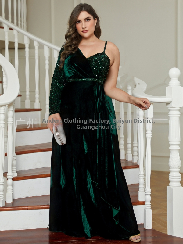 Елегантна вечерна рокля с едно рамо, пайети, дълги ръкави, висока талия, полиестер 95%+