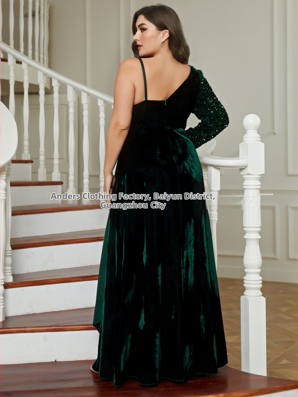 Елегантна вечерна рокля с едно рамо, пайети, дълги ръкави, висока талия, полиестер 95%+