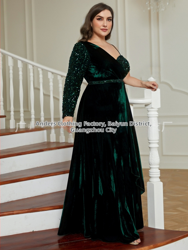 Елегантна вечерна рокля с едно рамо, пайети, дълги ръкави, висока талия, полиестер 95%+