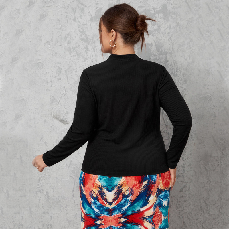 Плетена тениска с rayon-spandex, едноцветна, дълги ръкави, полувисока яка