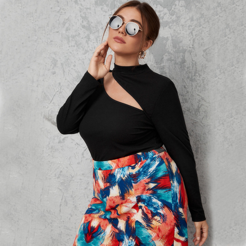 Плетена тениска с rayon-spandex, едноцветна, дълги ръкави, полувисока яка