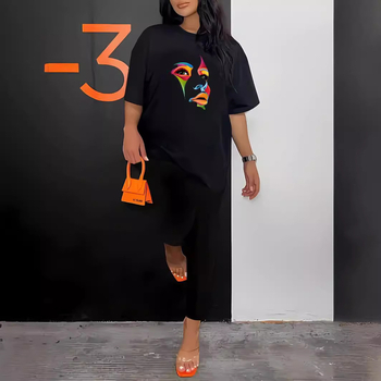 Γυναικείος δύο τεμαχίων σετ: κοντό T με εκτύπωση κειμένου και μακριά παντελόνια, πολυεστέρας, στυλ street hipster, καλοκαίρι 2024