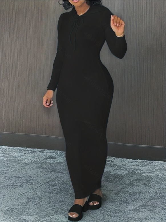 Rochie tricot Milk Silk, cu glugă, mâneci lungi, croi slim, fustă lungă