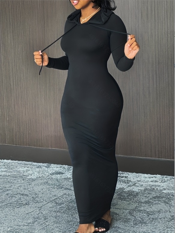 Rochie tricot Milk Silk, cu glugă, mâneci lungi, croi slim, fustă lungă