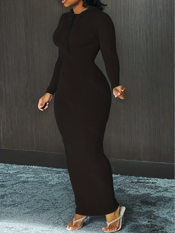 Rochie tricot Milk Silk, cu glugă, mâneci lungi, croi slim, fustă lungă