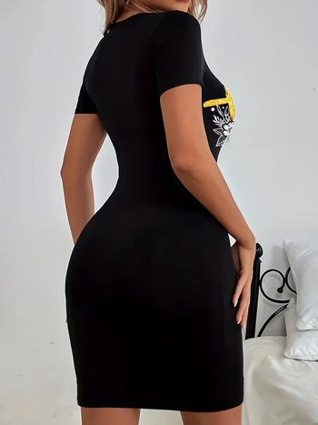 Γυναικείο φόρεμα με φλοράλ σχέδιο, midi μήκος, στρογγυλός λαιμός, κοντά μανίκια, πολυεστέρας