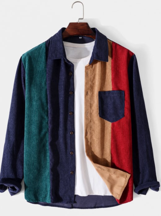 Meeste Corduroy Patchwork Särk, istuv lõige, krae lapel, pikkade varrukatega