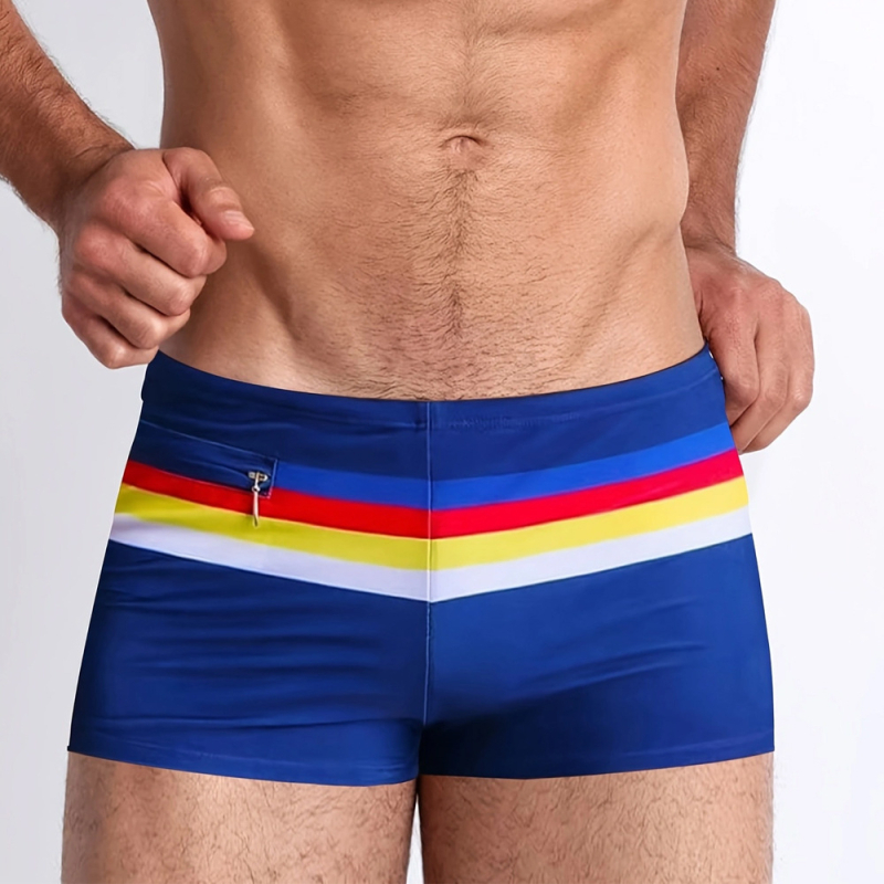 Vyriski dryžuoti maudymosi šortai su užtrauktuku, poliesterio-elastano audinys, pamušalas poliesteris, tinkami plaukimo ir treniruotėms