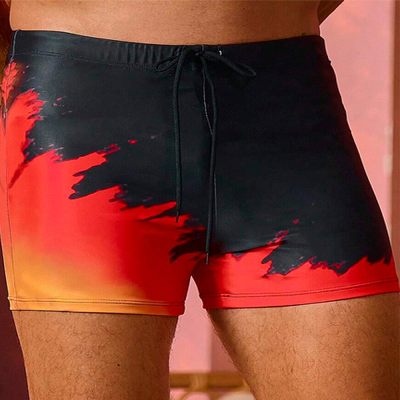 Vyriski plaukimo šortai su liepsnos atspaudu ir raišteliai - poliesterio/spandekso audinys, spaudas, krojus: briefs, skirti plaukimui ir fitnesui