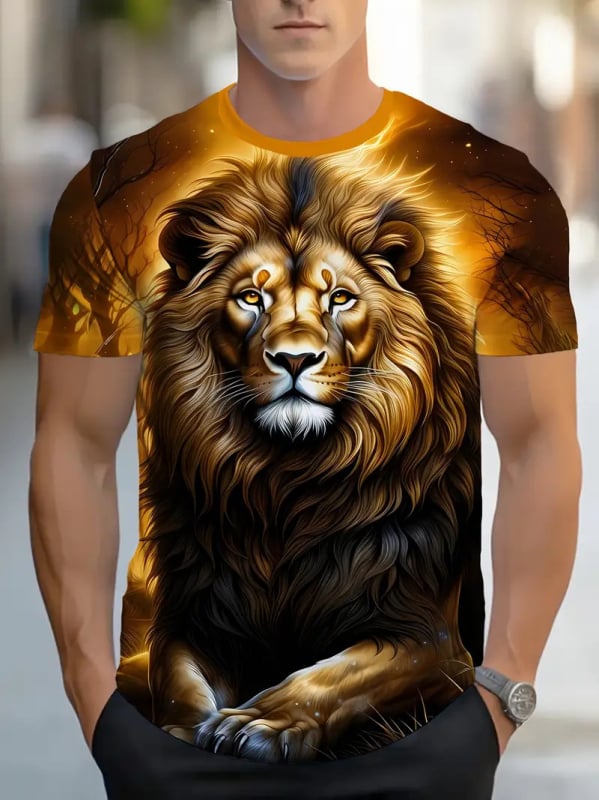 Ανδρική casual T-shirt με 3D εκτύπωση σειράς Λέων, κοντό μανίκι, στρογγυλός λαιμός, διαπνέον πολυεστέρας