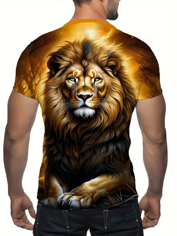 Ανδρική casual T-shirt με 3D εκτύπωση σειράς Λέων, κοντό μανίκι, στρογγυλός λαιμός, διαπνέον πολυεστέρας