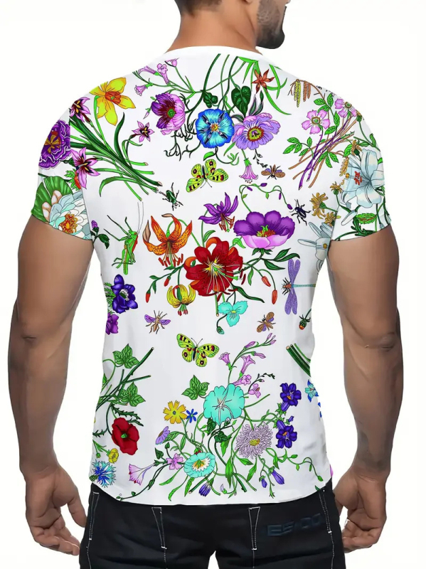 Férfi 3D nyomtatású virágmintás póló, kerek nyakú, rövid Ujjú, könnyű poliészter anyagból, madárszem szövésű textúra nyárra.