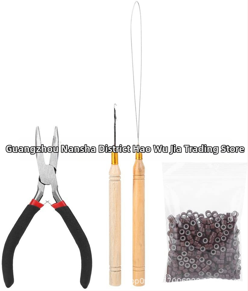 Plaukų prailginimo įrankių rinkinys, 4 dalys – lenktos pincetės, medinis mezgimo kabliukas, silikono prailginimo žiedas, Modelis H66