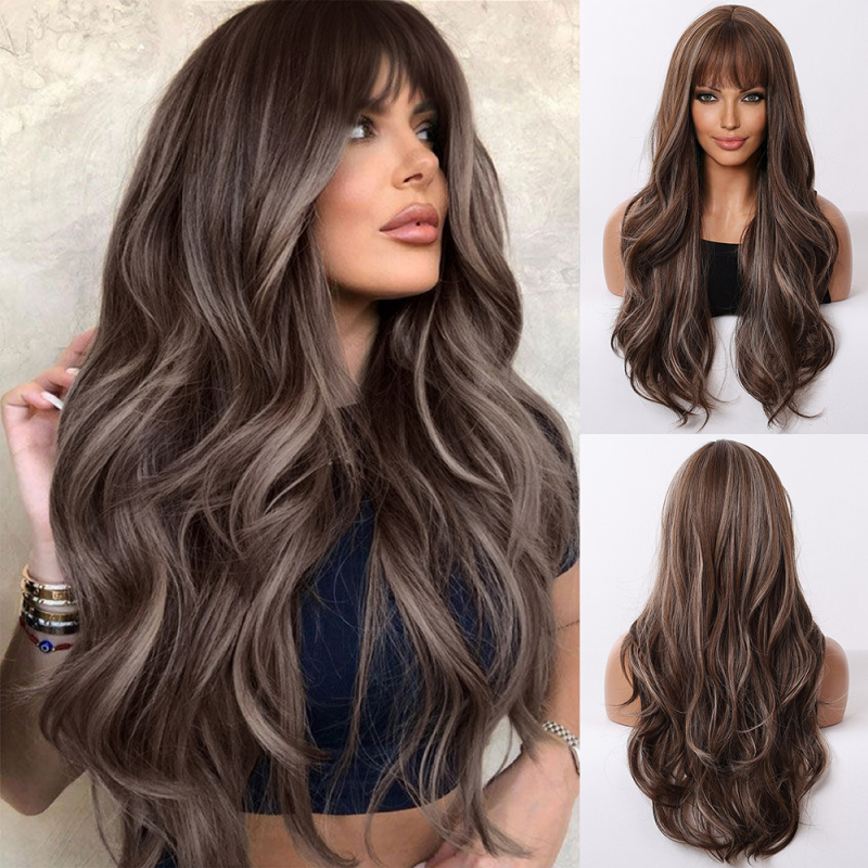 Sieviešu parūka ar garām cirtām un taisnām bangs, temperatūras izturīgas šķiedras, modeļs Pick Color Long Curls, ikdienas nēsāšanai