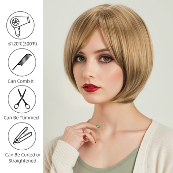 Дамска къса права перука в стил Боб, модел YN255, топлоустойчив синтетичен фибър, челни кичури: прави или наклонени, може да се боядиса, класически стил