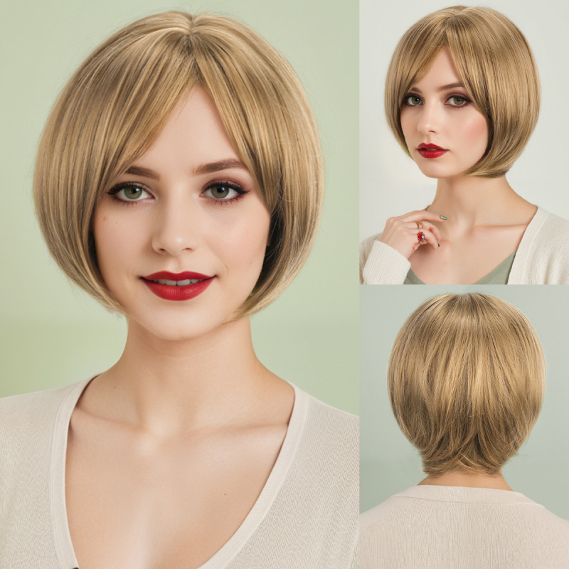 Дамска къса права перука в стил Боб, модел YN255, топлоустойчив синтетичен фибър, челни кичури: прави или наклонени, може да се боядиса, класически стил