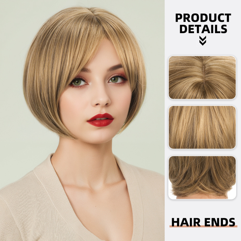 Дамска къса права перука в стил Боб, модел YN255, топлоустойчив синтетичен фибър, челни кичури: прави или наклонени, може да се боядиса, класически стил
