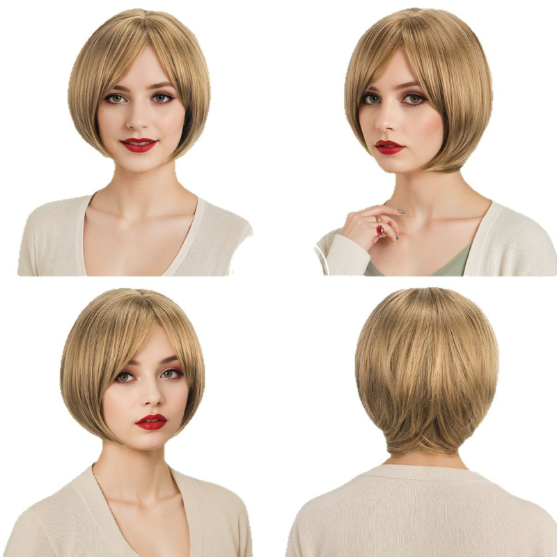 Дамска къса права перука в стил Боб, модел YN255, топлоустойчив синтетичен фибър, челни кичури: прави или наклонени, може да се боядиса, класически стил