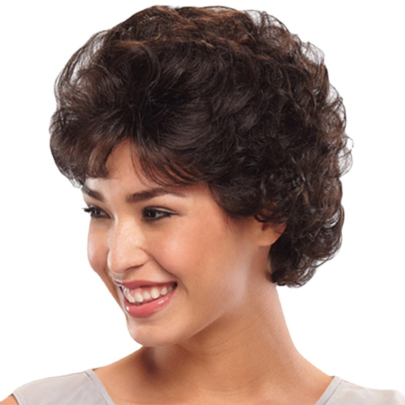 Перука за къси къдрици, екзотичен стил, модел 1015, термоустойчива нишка, челки с наклон