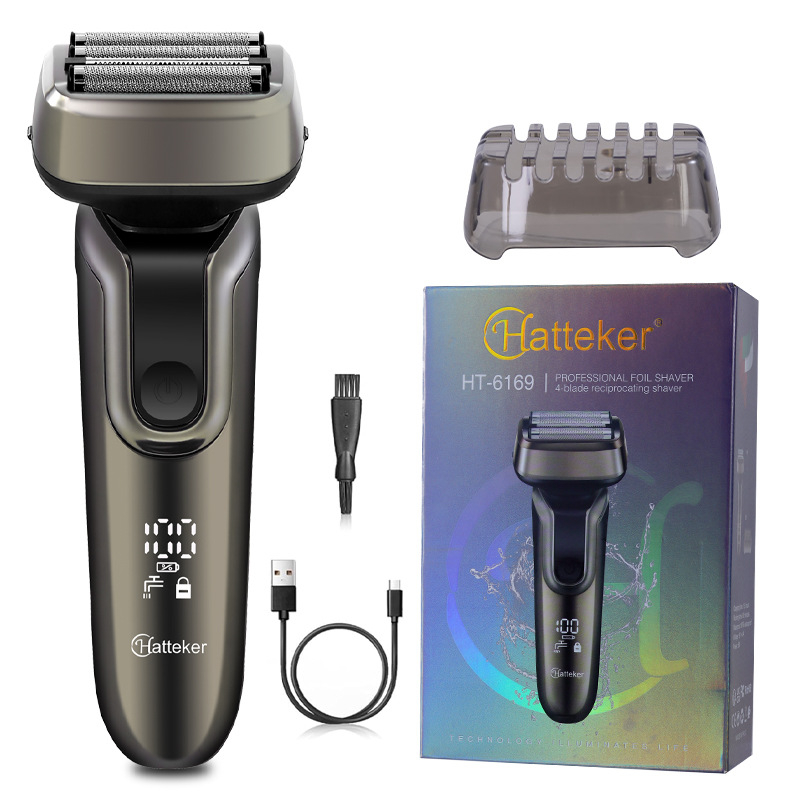HATTEKER Ηλεκτρικό ξυριστικό για ολόκληρο το σώμα, 4 κεφαλές επαναλαμβανόμενες, πλήρως αδιάβροχο, USB επαναφορτιζόμενο, χωρίς ψήκτρες κινητήρα, LED οθόνη
