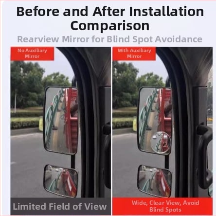 Atbulinių veidrodžių komplektas krovininiams automobiliams ir autobusams su plačiu matymo lauku, aklųjų zonų atspindžiu ir mažuoju apvaliu pagalbiniu veidrodėliu