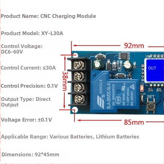 XY-L30A модул за управление на зареждането на батерията с цифрова защита от презареждане, 6-60V