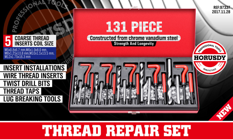 Комплект инструменти за ремонт на метрични резби, хром-ванадиева стомана, 131 части, за ремонт на машини