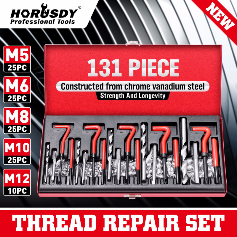 Комплект инструменти за ремонт на метрични резби, хром-ванадиева стомана, 131 части, за ремонт на машини
