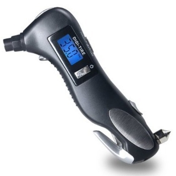 Autóvészhelyzeti eszköz LED lámpával, ablak betörővel, biztonsági öv vágóval és digitális guminyomásmérővel; ABS-ház; nyomás 2–150 PSI; pontosság ±1 PSI; AAA elemek mellékelve