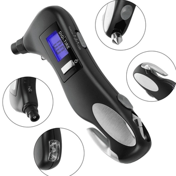 Autóvészhelyzeti eszköz LED lámpával, ablak betörővel, biztonsági öv vágóval és digitális guminyomásmérővel; ABS-ház; nyomás 2–150 PSI; pontosság ±1 PSI; AAA elemek mellékelve