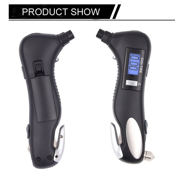 Auto ārkārtas rīks ar LED lukturi, logu laužājs, drošības jostu griezējs un digitālo riepu spiediena mērieru; ABS korpuss; spiediena diapazons 2–150 PSI; precizitāte ±1 PSI; AAA baterijas iekļautas