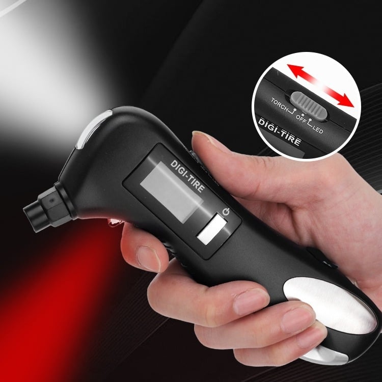 Autóvészhelyzeti eszköz LED lámpával, ablak betörővel, biztonsági öv vágóval és digitális guminyomásmérővel; ABS-ház; nyomás 2–150 PSI; pontosság ±1 PSI; AAA elemek mellékelve
