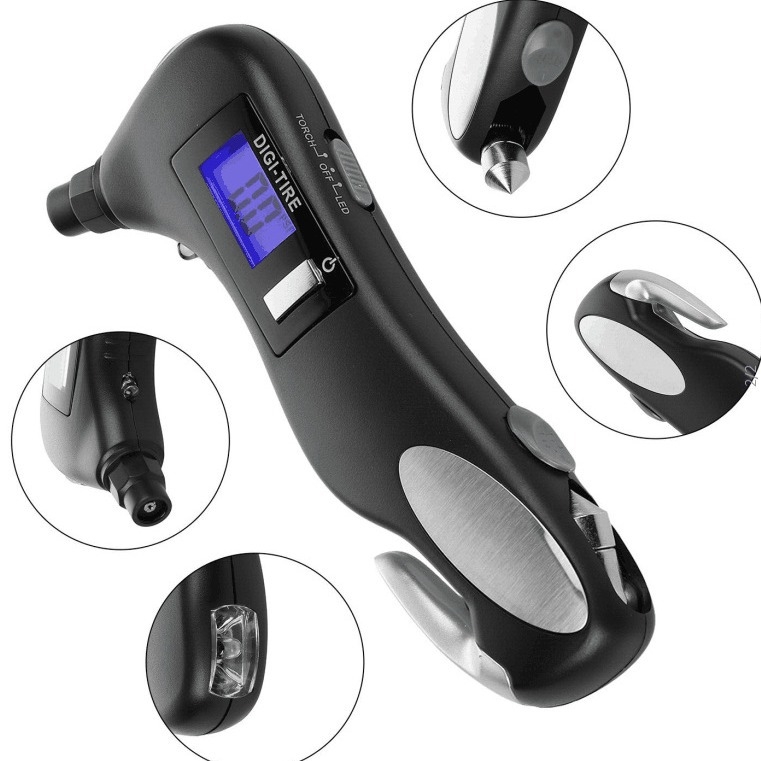 Auto ārkārtas rīks ar LED lukturi, logu laužājs, drošības jostu griezējs un digitālo riepu spiediena mērieru; ABS korpuss; spiediena diapazons 2–150 PSI; precizitāte ±1 PSI; AAA baterijas iekļautas