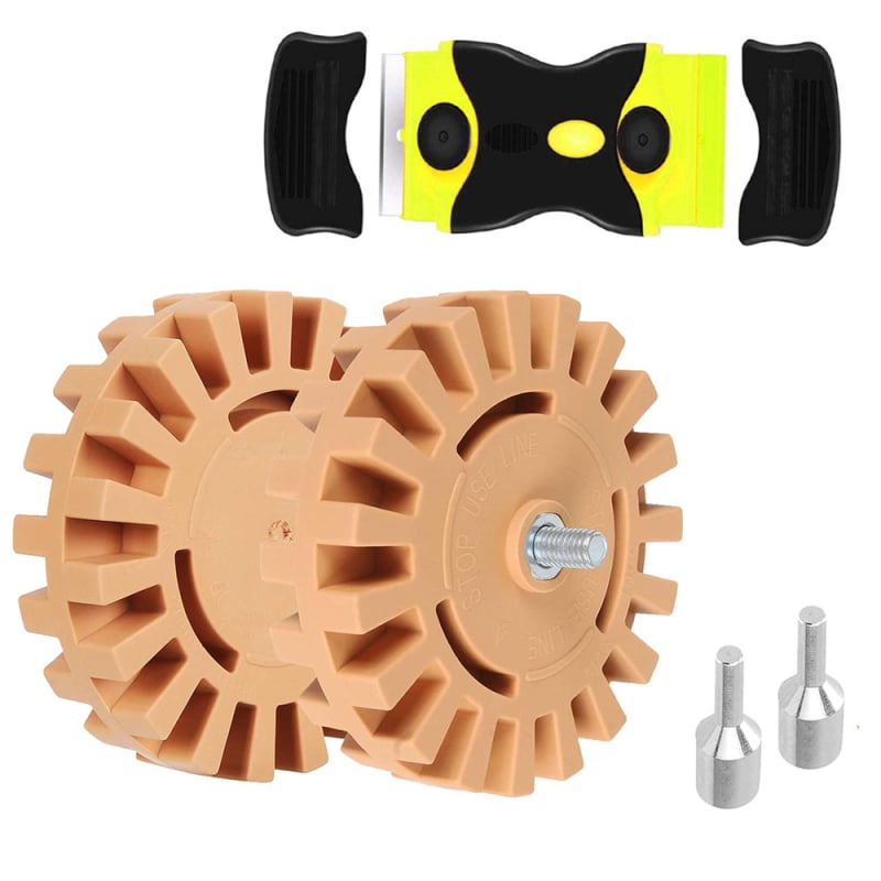 3 daļu komplekts līmes noņemšanai no aplikācijām, svītrainais gumijas ritenis un plastmasas skuveklis līmes noņemšanai