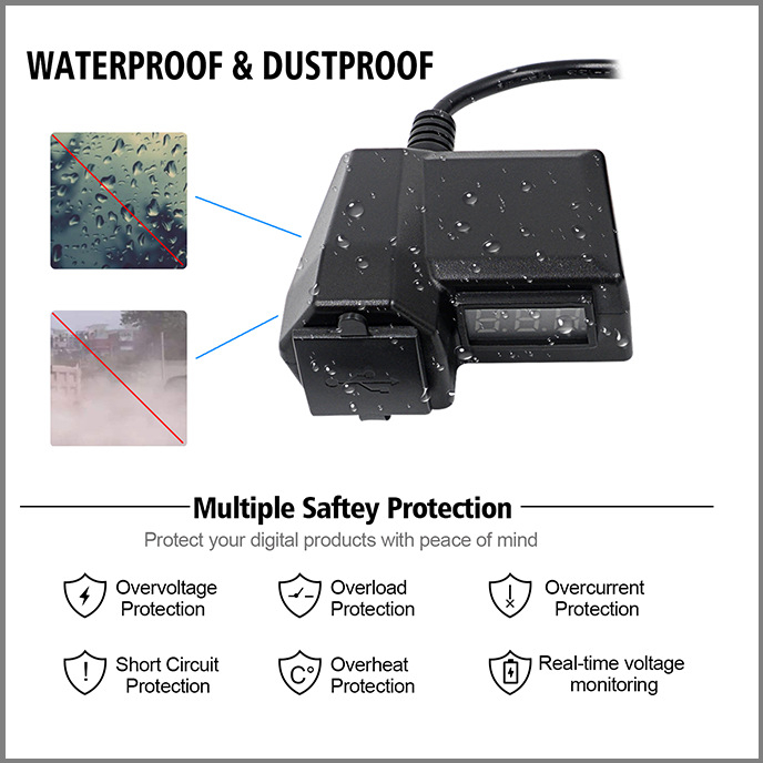 ONEGOL GG-1072 Мотоциклетно зарядно за телефон, 3.4A двойен USB, 10-24V запалка, дисплей на напрежение, универсална съвместимост, силикон + ABS